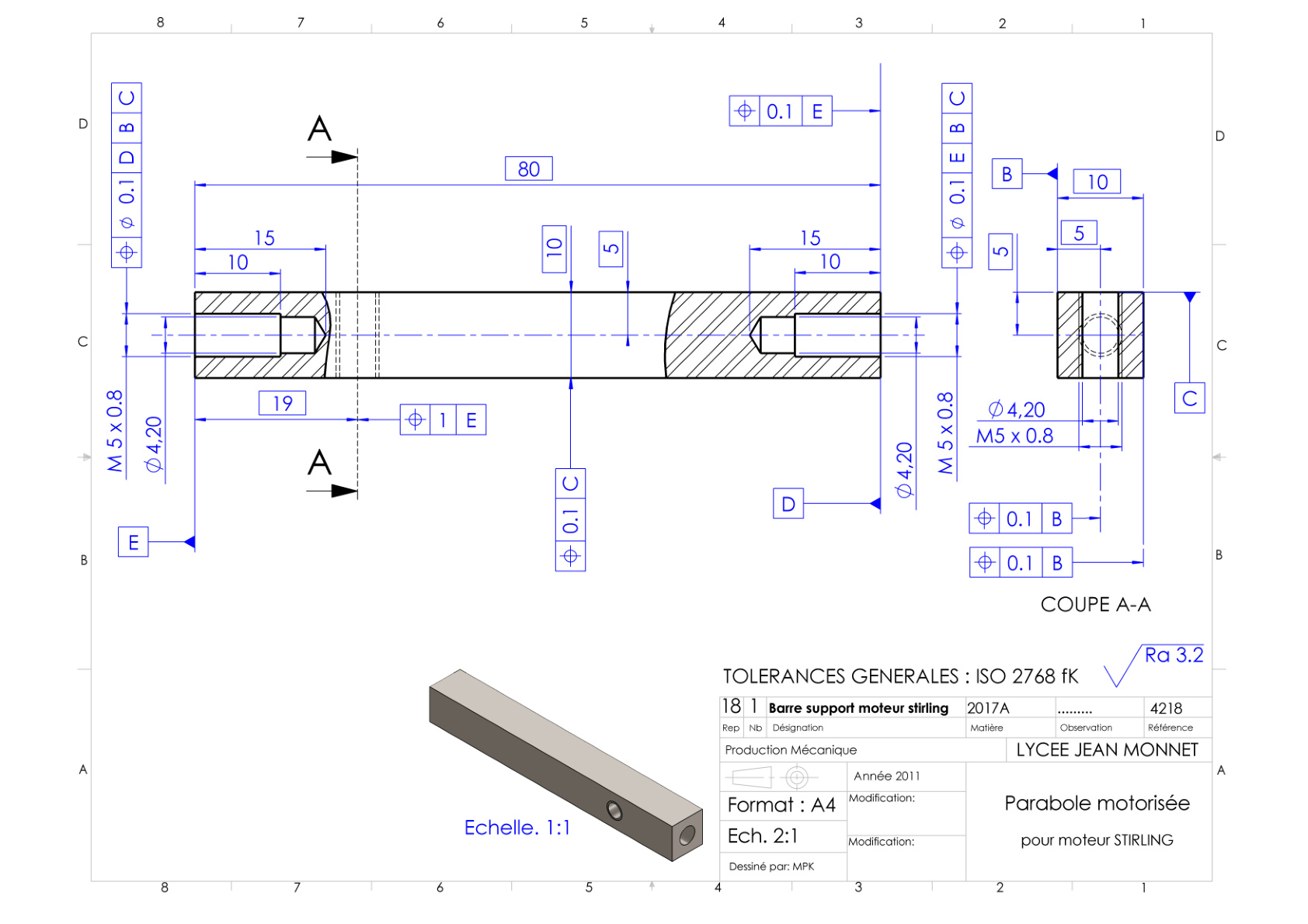 Barre support moteur stirling